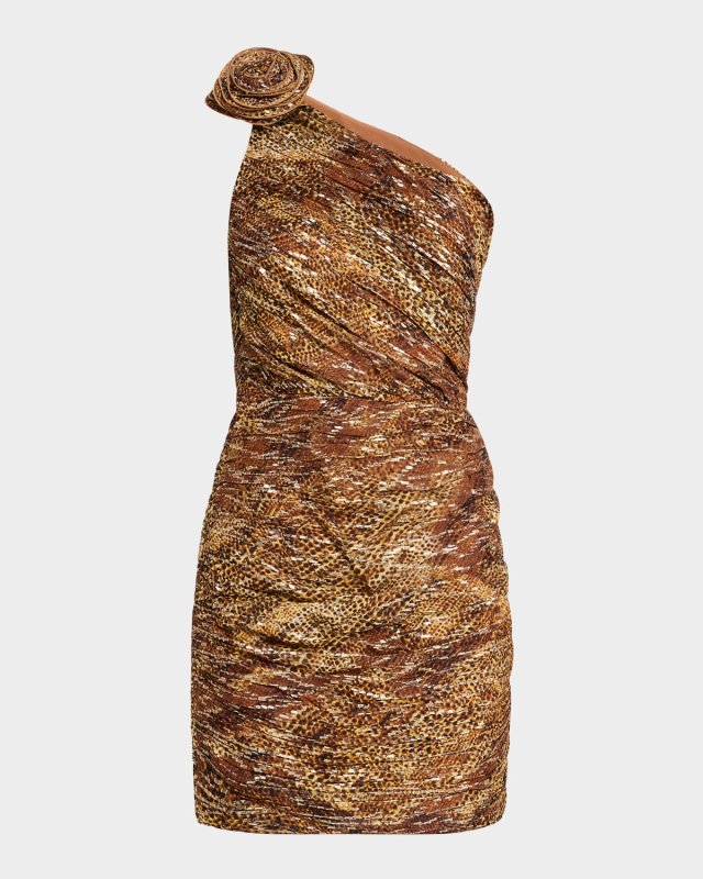 Ruched One-Shoulder Metallic Fleck Mini Dress